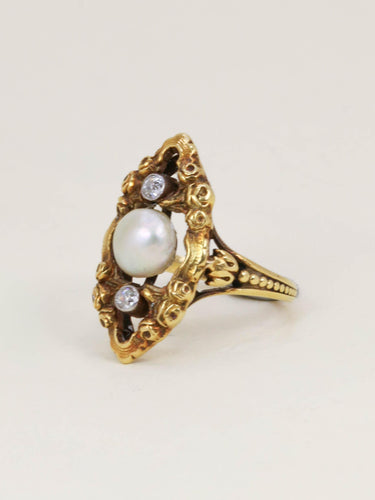 Bague 47 Bague marquise Art Nouveau or jaune perle fine diamants 58 Facettes 1260