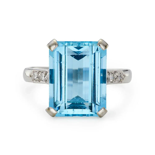 Bague 53 Bague vintage Art déco en or blanc 18 ct avec aigue-marine et diamants 58 Facettes VI-0031