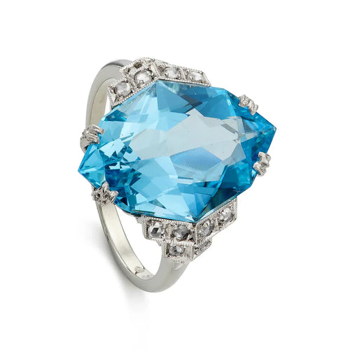 Bague Art déco - Bague en or blanc 14 ct avec aigue-marine 8,70 ct et diamants 58 Facettes VI-0012