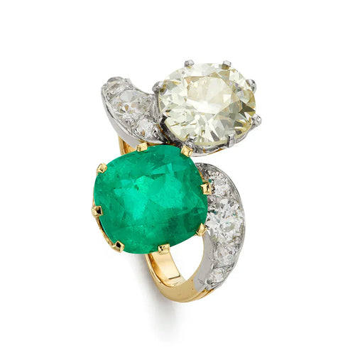 Bague 54.5 Toi et Moi édouardienne - Bague en or jaune 18 ct, platine, émeraude et diamant 58 Facettes VI-0007