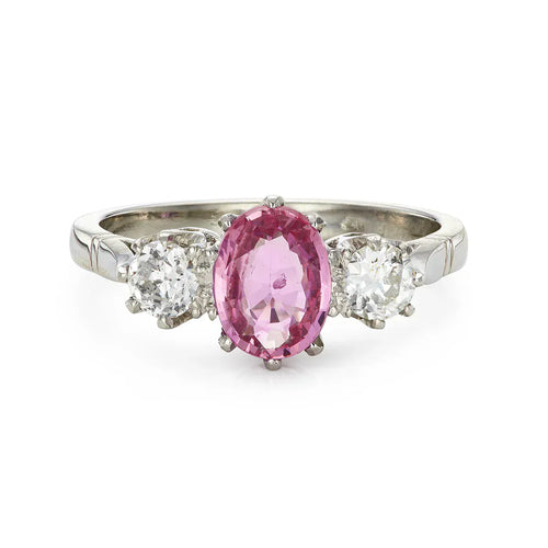 Bague 53.5 Bague trois pierres vintage en platine, saphir fantaisie 1,20 ct et diamants 58 Facettes VI-0024