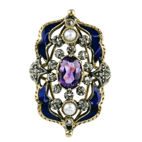 Bague 54 Bague Art nouveau émaillée en or 18K et or blanc, diamants et améthyste 58 Facettes 1725