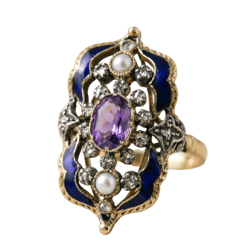 Bague 54 Bague Art nouveau - Améthyste, diamants taille rose et perles 58 Facettes 1725