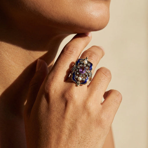 Bague 54 Bague Art nouveau émaillée en or 18K et or blanc, diamants et améthyste 58 Facettes 1725