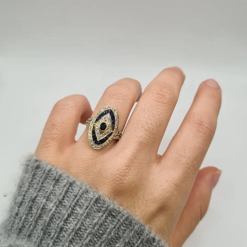 Bague 54 Art déco - Bague en or jaune 18 carats, saphirs et diamants 58 Facettes