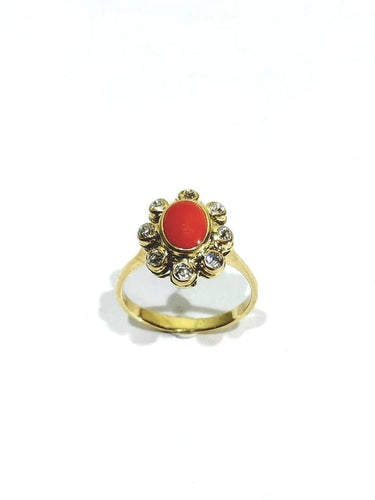 Bague 58 Bague en or jaune 18 carats avec diamants et corail rouge 58 Facettes