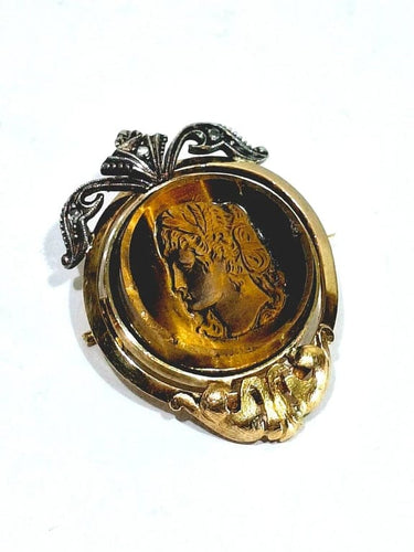 Broche Broche en or rose et blanc 18 carats et œil de tigre, diamants 58 Facettes