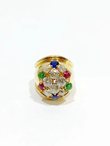 Bague 51 Bague en or jaune 18 carats avec diamants, rubis, émeraudes et saphirs 58 Facettes