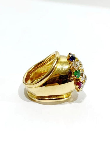 Bague 51 Bague en or jaune 18 carats avec diamants, rubis, émeraudes et saphirs 58 Facettes