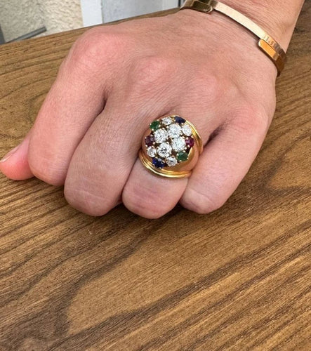 Bague 51 Bague en or jaune 18 carats avec diamants, rubis, émeraudes et saphirs 58 Facettes