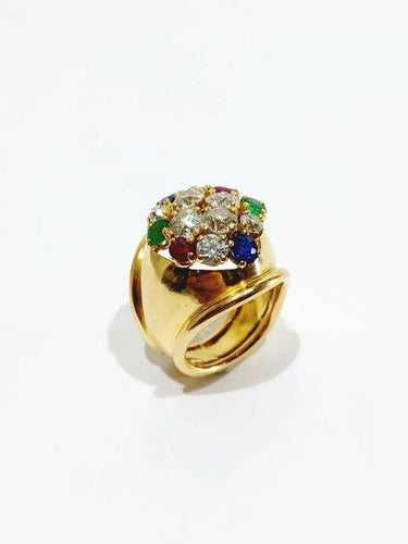 Bague 51 Bague en or jaune 18 carats avec diamants, rubis, émeraudes et saphirs 58 Facettes