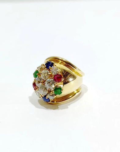 Bague 51 Bague en or jaune 18 carats avec diamants, rubis, émeraudes et saphirs 58 Facettes