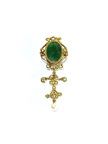 Pendentif Broche pendentif en or jaune 18 carats avec jade et perle 58 Facettes