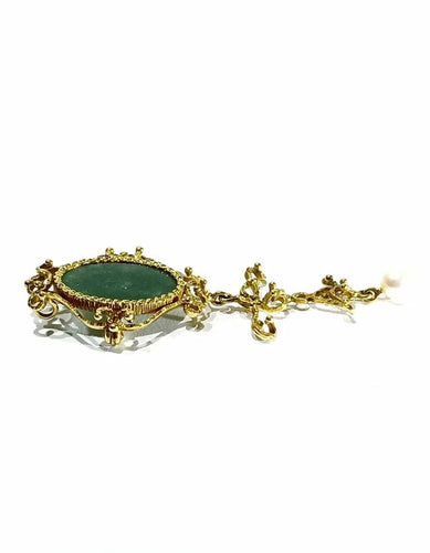 Pendentif Broche pendentif en or jaune 18 carats avec jade et perle 58 Facettes