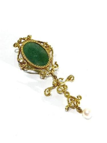 Pendentif Broche pendentif en or jaune 18 carats avec jade et perle 58 Facettes