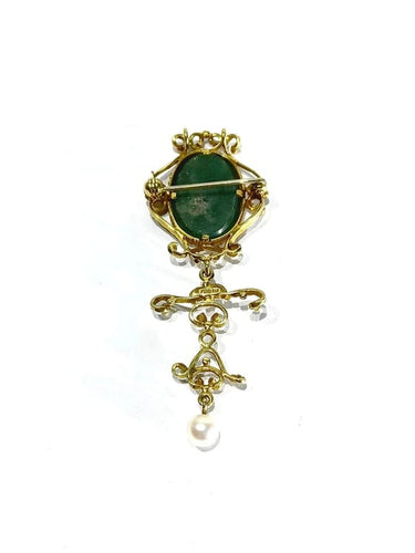Pendentif Broche pendentif en or jaune 18 carats avec jade et perle 58 Facettes