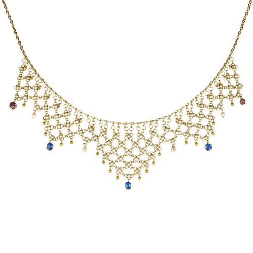 Collier Collier draperie ancien en or jaune 18 carats, saphirs, rubis et perles 58 Facettes 15-168