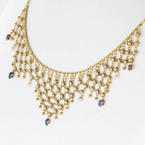 Collier Collier draperie ancien en or jaune 18 carats, saphirs, rubis et perles 58 Facettes 15-168