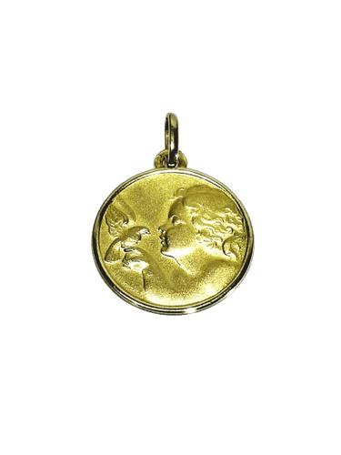 Pendentif Médaille de baptême - Ange et colombe en or jaune 18 carats 58 Facettes