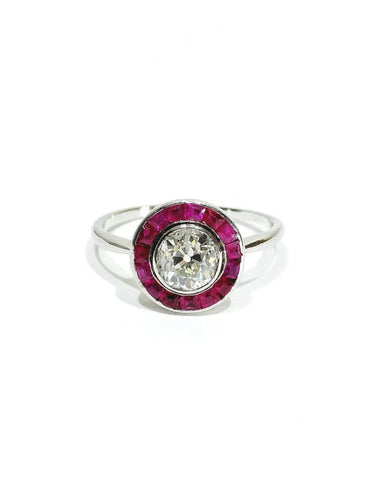 Bague 61 Bague Art déco en platine avec diamant taille ancienne et rubis synthétiques 58 Facettes