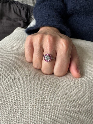 Bague 61 Bague Art déco en platine avec diamant taille ancienne et rubis synthétiques 58 Facettes
