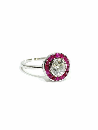 Bague 61 Bague Art déco en platine avec diamant taille ancienne et rubis synthétiques 58 Facettes