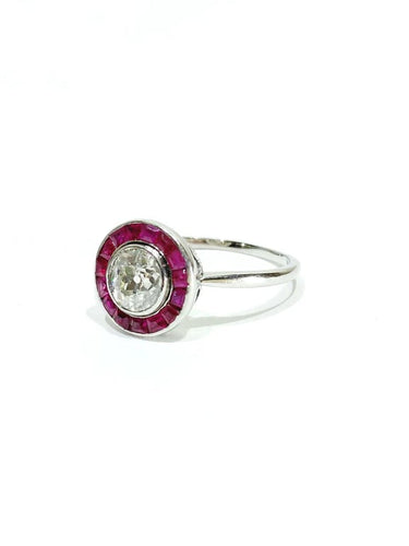 Bague 61 Bague Art déco en platine avec diamant taille ancienne et rubis synthétiques 58 Facettes