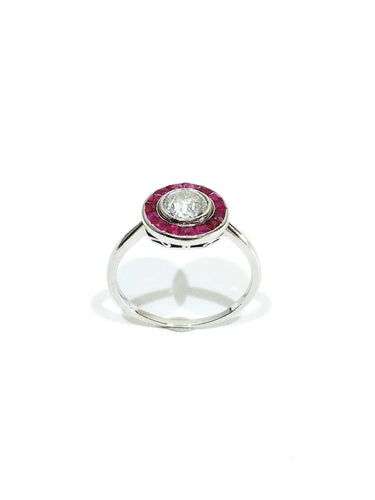 Bague 61 Bague Art déco en platine avec diamant taille ancienne et rubis synthétiques 58 Facettes