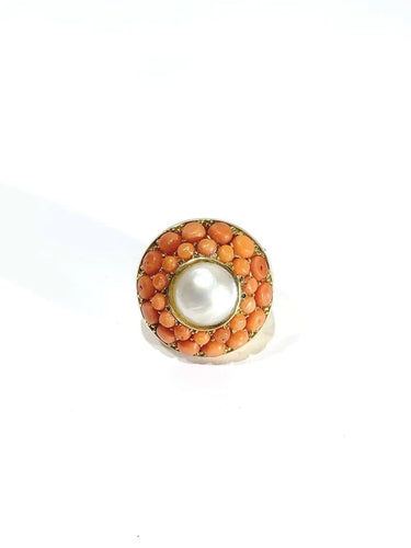 Bague 50.5 Bague en or jaune 18 carats avec perle et corail 58 Facettes