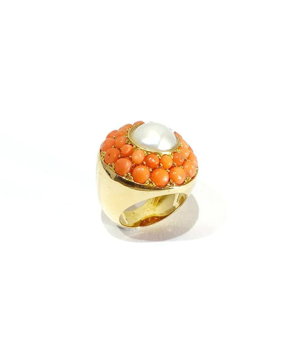 Bague 50.5 Bague en or jaune 18 carats avec perles de corail 58 Facettes