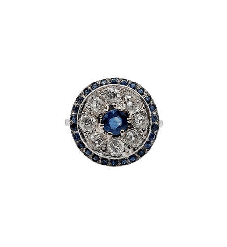Bague 51 Bague cible Art déco en platine 900, saphir et diamants taille ancienne 58 Facettes A06489