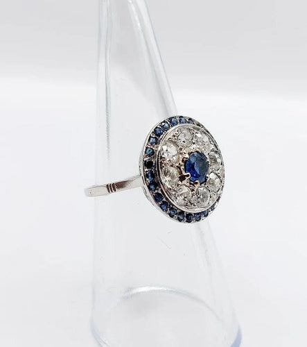 Bague 51 Bague cible Art déco en platine 900, saphir et diamants taille ancienne 58 Facettes A06489