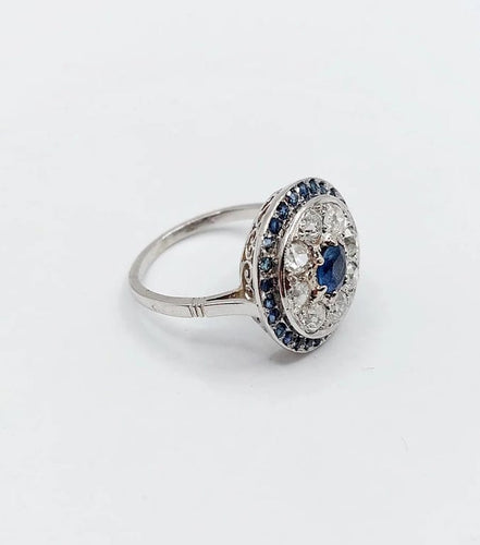 Bague 51 Bague cible Art déco en platine 900, saphir et diamants taille ancienne 58 Facettes A06489