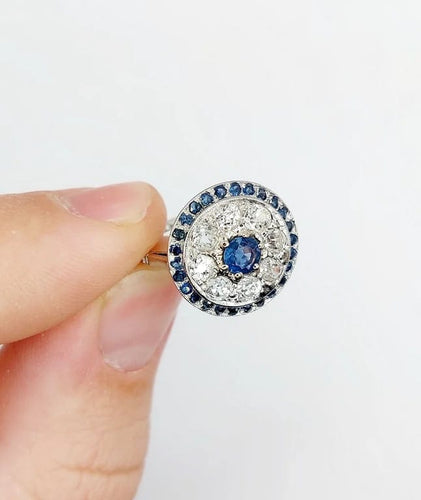 Bague 51 Bague cible Art déco en platine 900, saphir et diamants taille ancienne 58 Facettes A06489