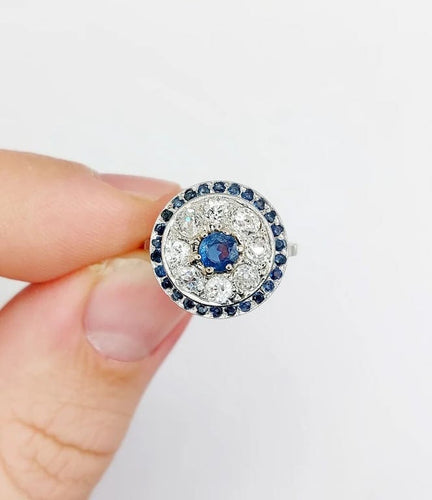 Bague 51 Bague cible Art déco en platine 900, saphir et diamants taille ancienne 58 Facettes A06489