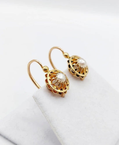 Boucles d'oreilles Dormeuses fleurs antiques en or 18 ct et perles (circa 1900) 58 Facettes A06493