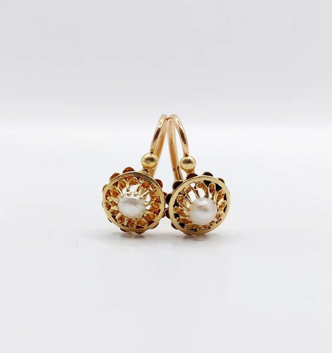 Boucles d'oreilles Dormeuses fleurs antiques en or 18 ct et perles (circa 1900) 58 Facettes A06493