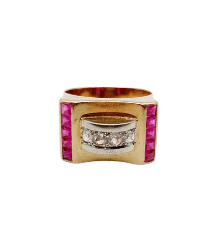 Bague 52 Bague tank Art déco en or rose 18k avec diamants et rubis synthétiques 58 Facettes A06536