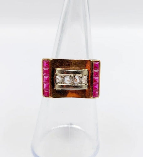 Bague 52 Bague tank Art déco en or rose 18k avec diamants et rubis synthétiques 58 Facettes A06536