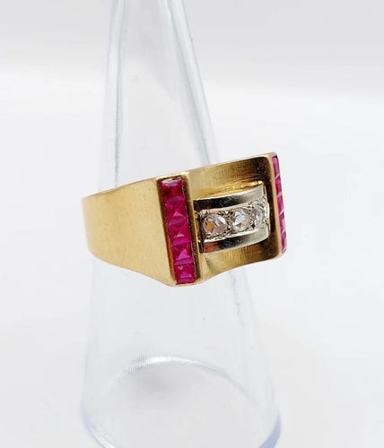 Bague 52 Bague tank Art déco en or rose 18k avec diamants et rubis synthétiques 58 Facettes A06536