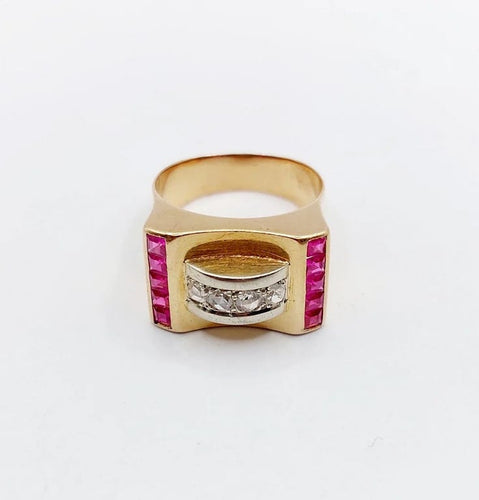 Bague 52 Bague tank Art déco en or rose 18k avec diamants et rubis synthétiques 58 Facettes A06536