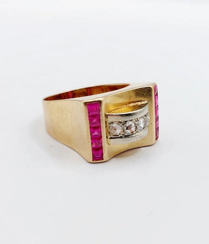 Bague 52 Bague tank Art déco en or rose 18k avec diamants et rubis synthétiques 58 Facettes A06536