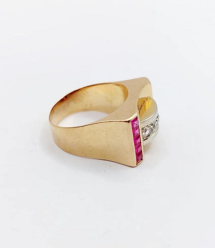 Bague 52 Bague tank Art déco en or rose 18k avec diamants et rubis synthétiques 58 Facettes A06536