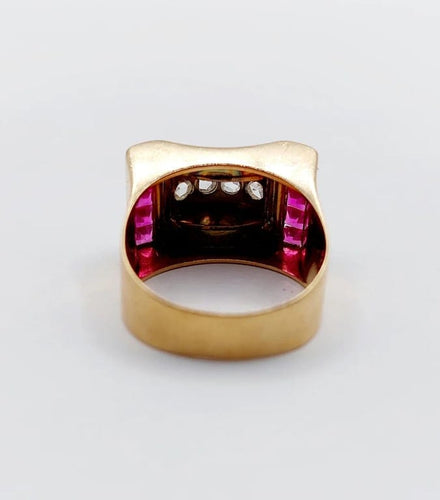 Bague 52 Bague tank Art déco en or rose 18k avec diamants et rubis synthétiques 58 Facettes A06536