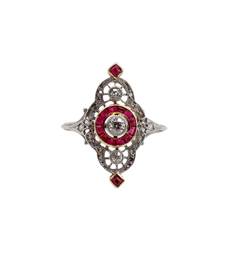 Bague 51 Bague marquise Art déco en platine, diamants et rubis synthétiques 58 Facettes A06548