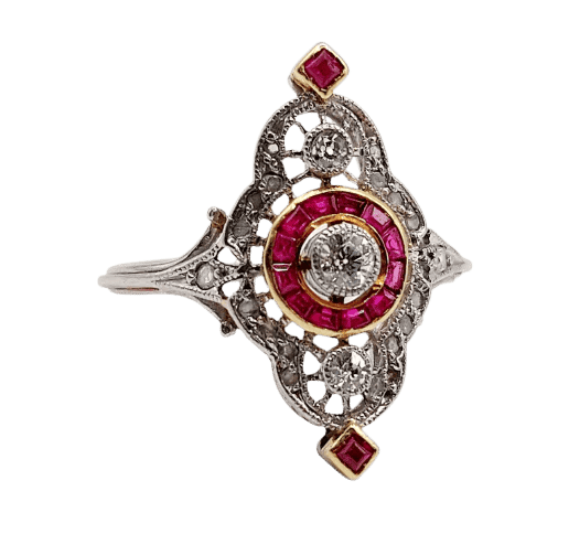Bague 51 Bague marquise Art déco en platine, diamants et rubis synthétiques 58 Facettes A06548