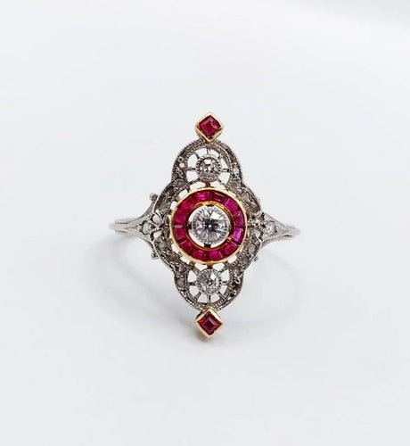 Bague 51 Bague marquise Art déco en platine, diamants et rubis synthétiques 58 Facettes A06548