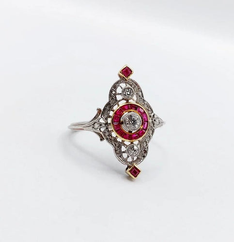 Bague 51 Bague marquise Art déco en platine, diamants et rubis synthétiques 58 Facettes A06548