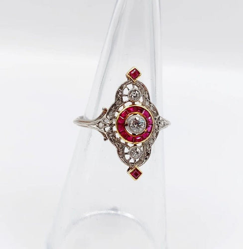 Bague 51 Bague marquise Art déco en platine, diamants et rubis synthétiques 58 Facettes A06548