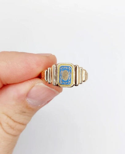 Bague 62 Bague chevalière victorienne en or rose 18k et émail bleu 58 Facettes A06638